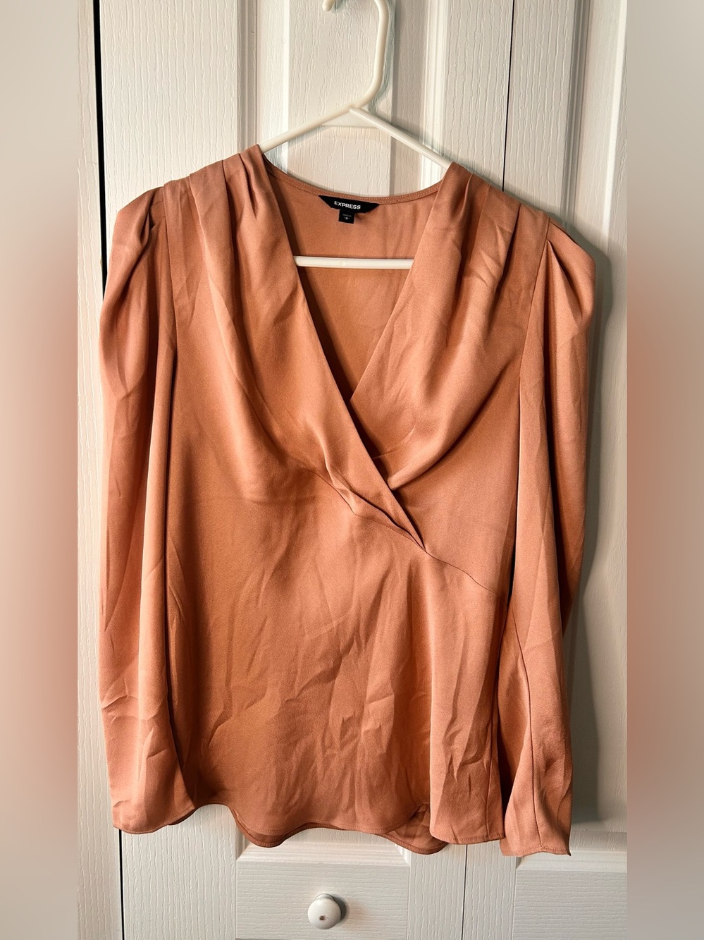 Express Women's Small S Pink Peach Wrap Pleated V-Neck Long Sleeve Blouse Top